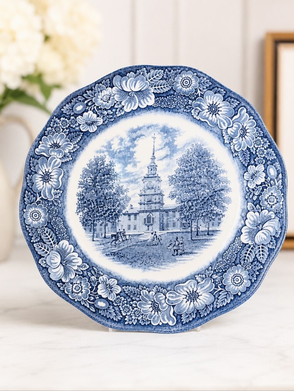 Vintage Liberty Blue Independence Hall Dinner Plate 10" Blue Transferware